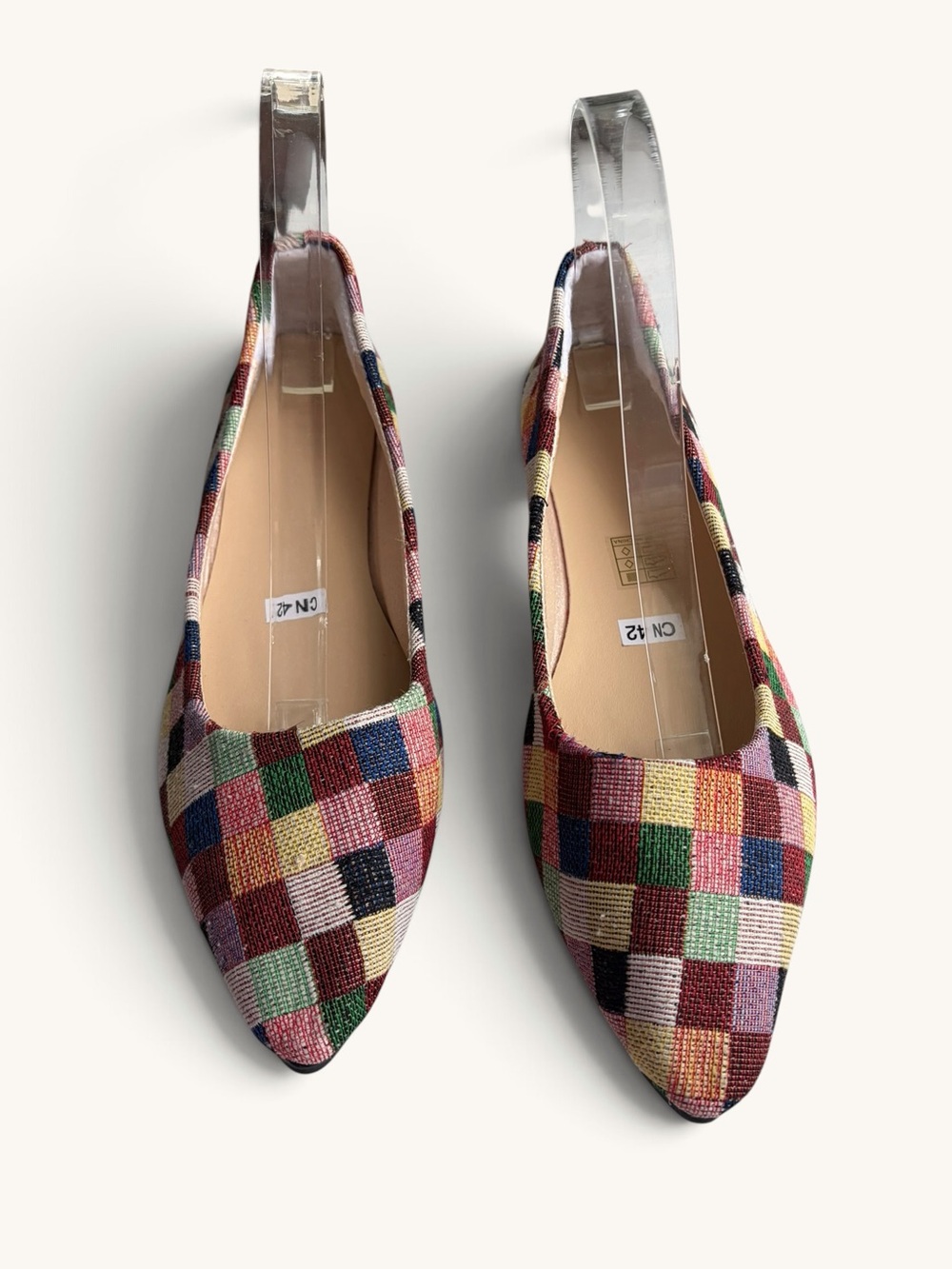 Multicolor Checkered Woven Quilted Look Pointed-Toe Flats - Women